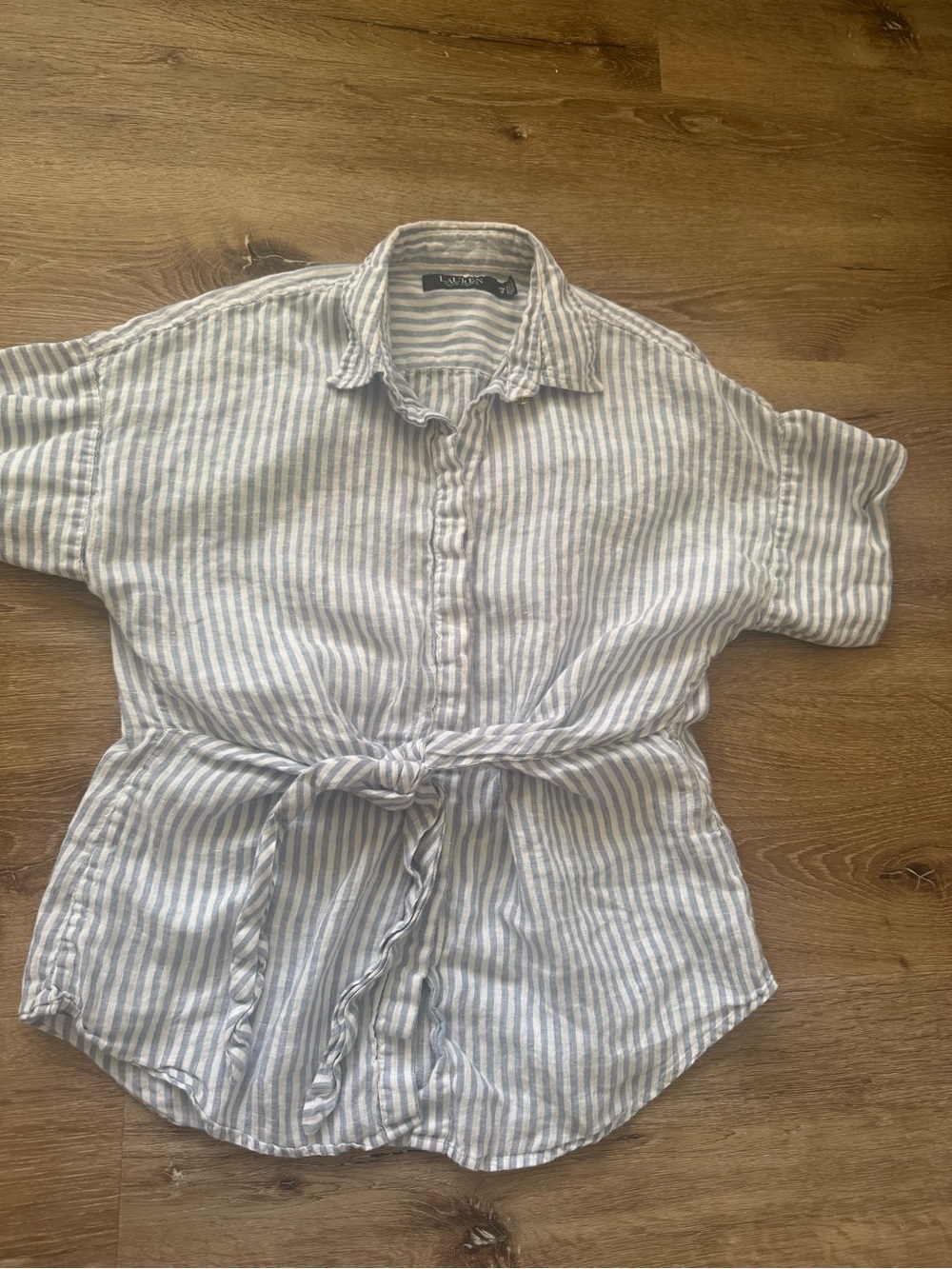 Ralph Lauren Blue and White Striped Tie-Waist Button-Down Shirt. Petite M